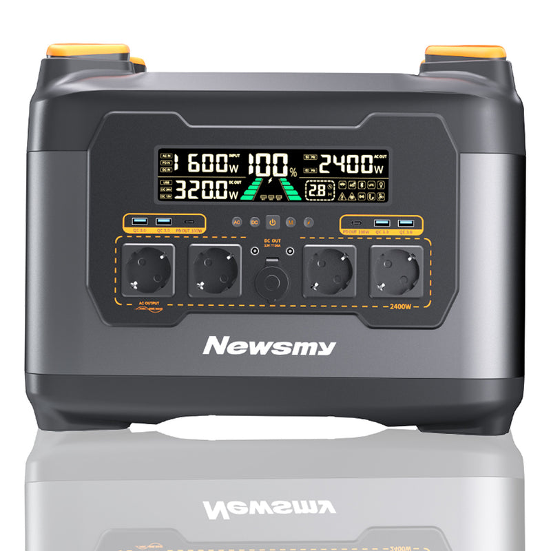 Newsmy Powerstation 2047,5 Wh Ultra-Fast-Aufladen von 0-100% in 1 Std., Mobiler Stromspeicher, 1200 W DC-In, 2400W AC-Out, und 4x USB-C Ausgang, Solargenerator-LiMnFePO4-Akku für Camping, Heim-Backup