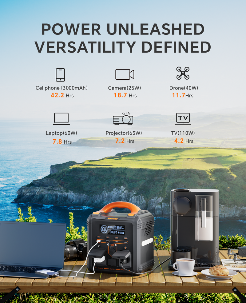 Newsmy Tragbares Powerstation 551,25 Wh Aufladen von 0-100% in 1,2 Std., Mobiler Stromspeicher mit 700 W x 2 AC-Steckdosen und USB-C PD 100 W, Solargenerator-LiMnFePO4-Akku für Camping, Heim-Backup