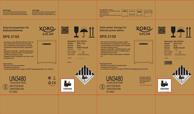 XORO SOLAR SPS 2155 Balkonkraftwerkspeicher mit 2 kWh LiFePO4 Akku, Dual MPPT 2x800W Eingang, 800W Ausgang für den Innen- und Außenbereich IP65, Plug & Play
