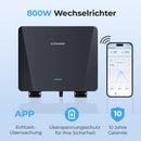 Sunshare 800W Wechselrichter mit App-Steuerung – Echtzeitüberwachung, Überspannungsschutz und 10 Jahre Garantie.