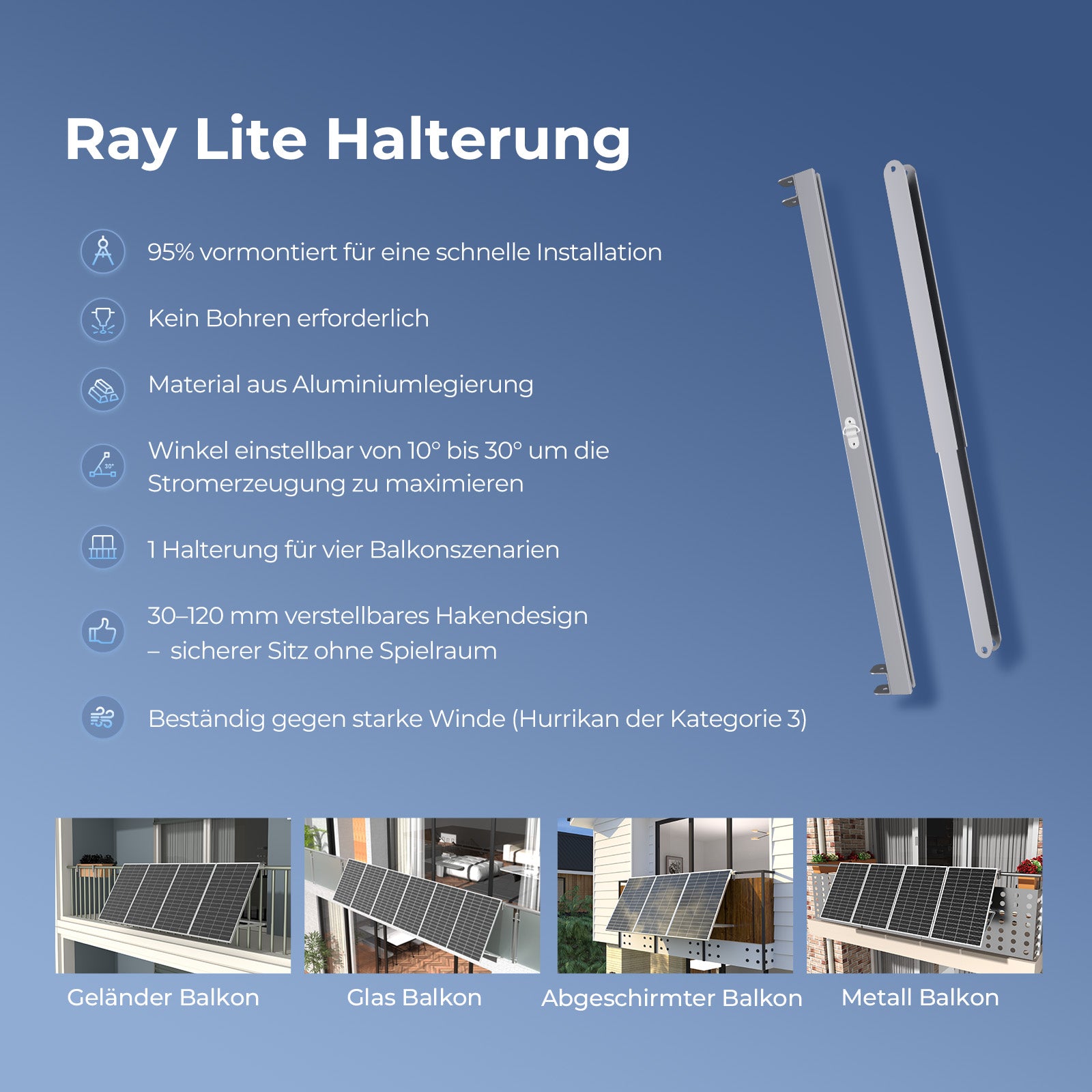 Sunshare Ray Lite Halterung aus Aluminium – kein Bohren, verstellbarer Winkel 10°–30°, sicherer Sitz und windresistent.
