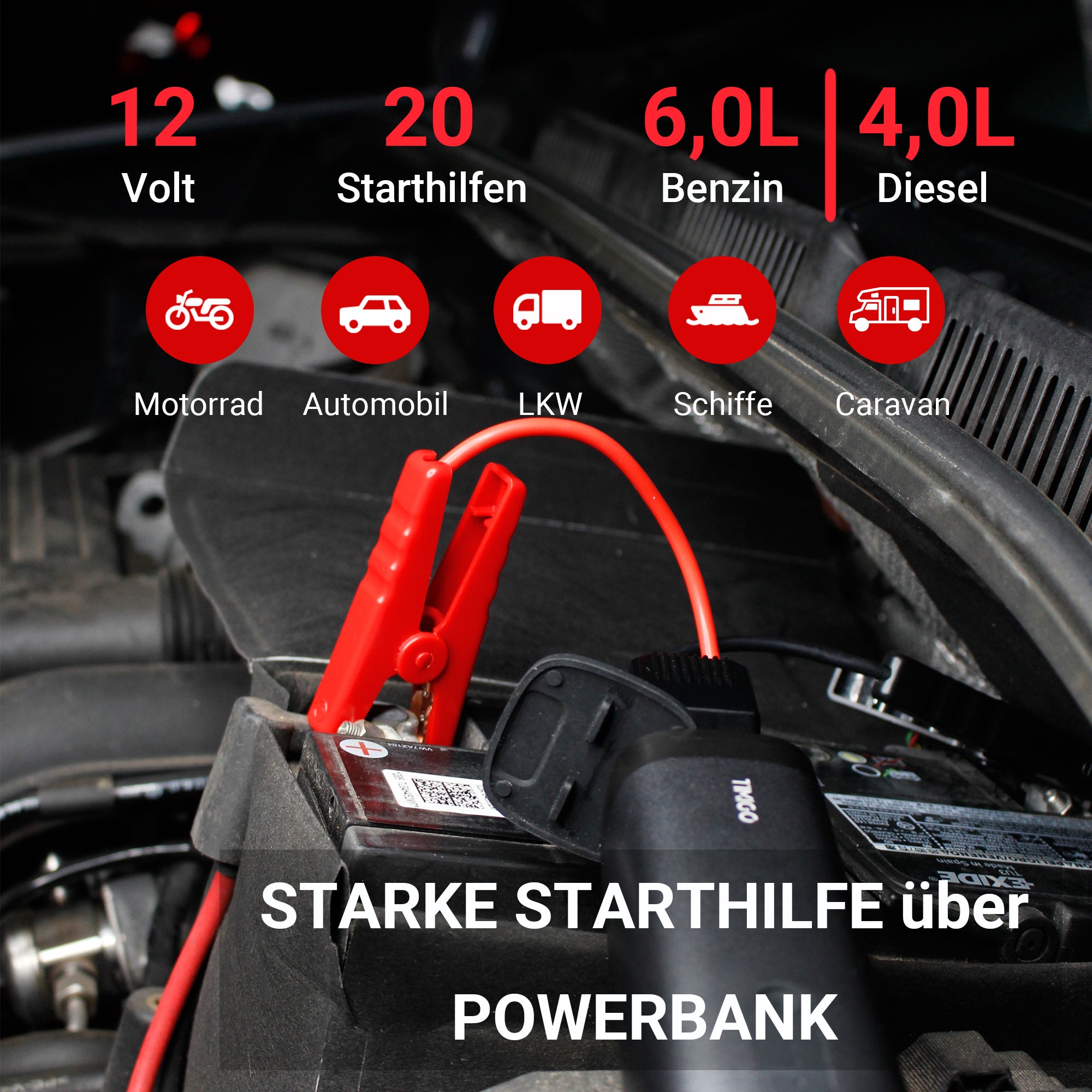 TIMIGO K1 Starthilfe Powerbank in edlem Aluminium Design, 12V-500A Spitzenstrom, 38,4Wh, Tragbare Auto Starthilfe für 6.0L Benzin und 5.0L Dieselmotor & LED Taschenlampe