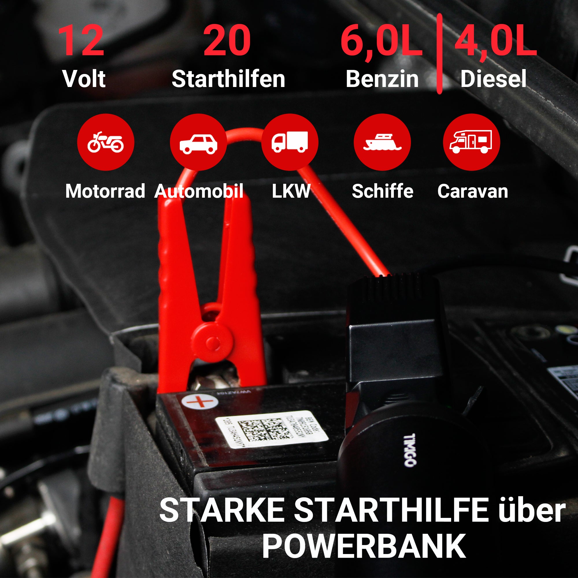 TIMIGO K2 Auto Starthilfe Powerbank mit Luftkompressor, 12V-500A Spitzenstrom, 38,4Wh, Tragbare Auto Starthilfe für 6.0L Benzin- und 5.0L Dieselmotor & LED Taschenlampe