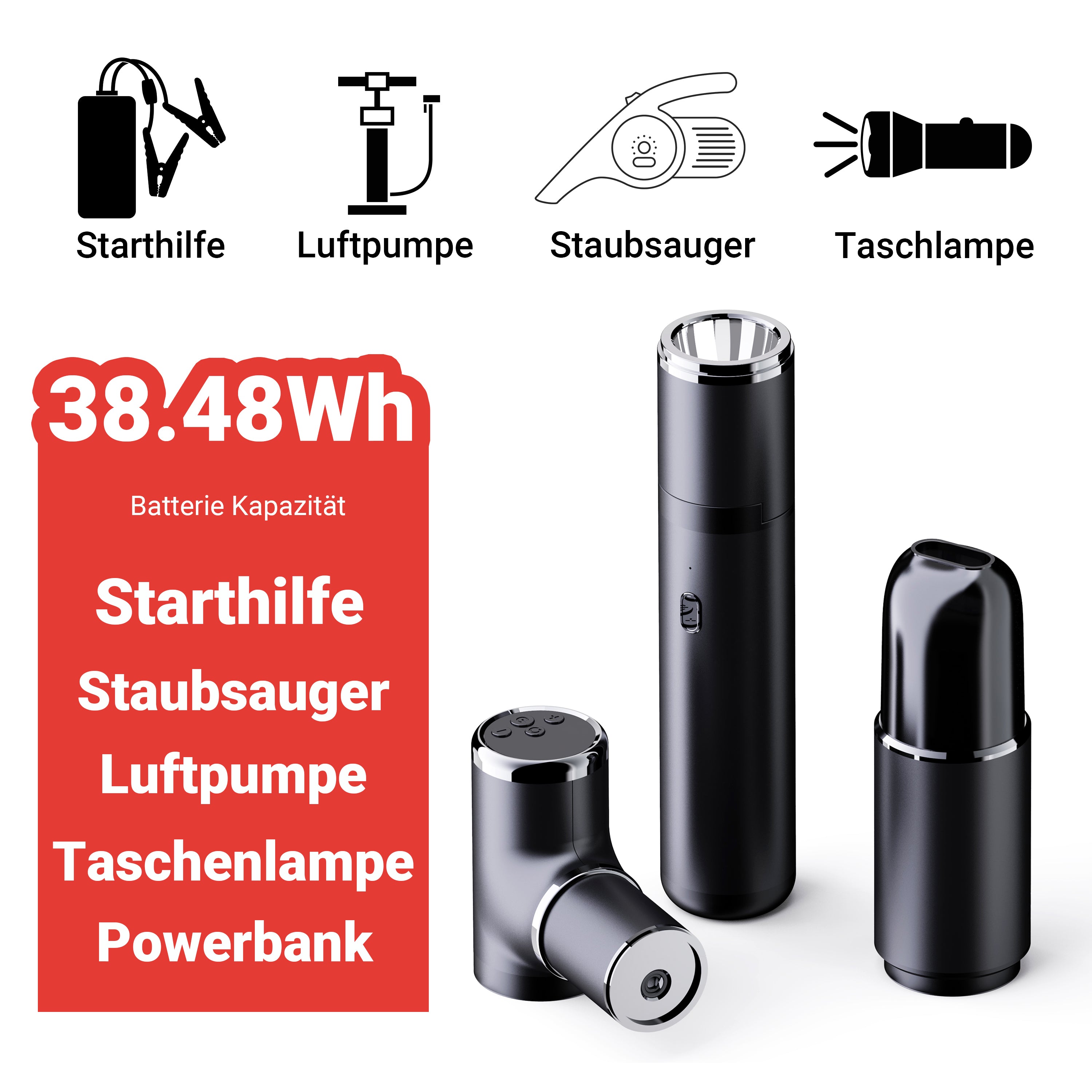 TIMIGO K2 Auto Starthilfe Powerbank mit Luftkompressor, 12V-500A Spitzenstrom, 38,4Wh, Tragbare Auto Starthilfe für 6.0L Benzin- und 5.0L Dieselmotor & LED Taschenlampe