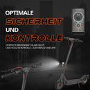 ZAMELUX E9 E-Scooter mit App-Steuerung, LED-Beleuchtung und Hinweisen auf doppelte Bremskraft und Sicherheit.