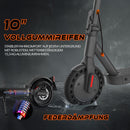 ZAMELUX E9 E-Scooter mit 10-Zoll-Vollgummireifen und Federdämpfung für stabilen Fahrkomfort.