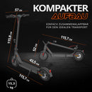 ZAMELUX E9 E-Scooter mit angegebenen Abmessungen, kompakter Aufbau und einfach faltbares Design.