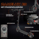 ZAMELUX E9 E-Scooter mit Straßenzulassung, App-Steuerung, LED-Display, Vollgummireifen, elektrischer Motorbremse, Federdämpfung und Scheibenbremse.