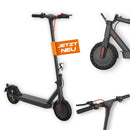 ZAMELUX E9 E-Scooter mit „Jetzt Neu“-Kennzeichnung, Detailansichten von Reifen und LED-Display.