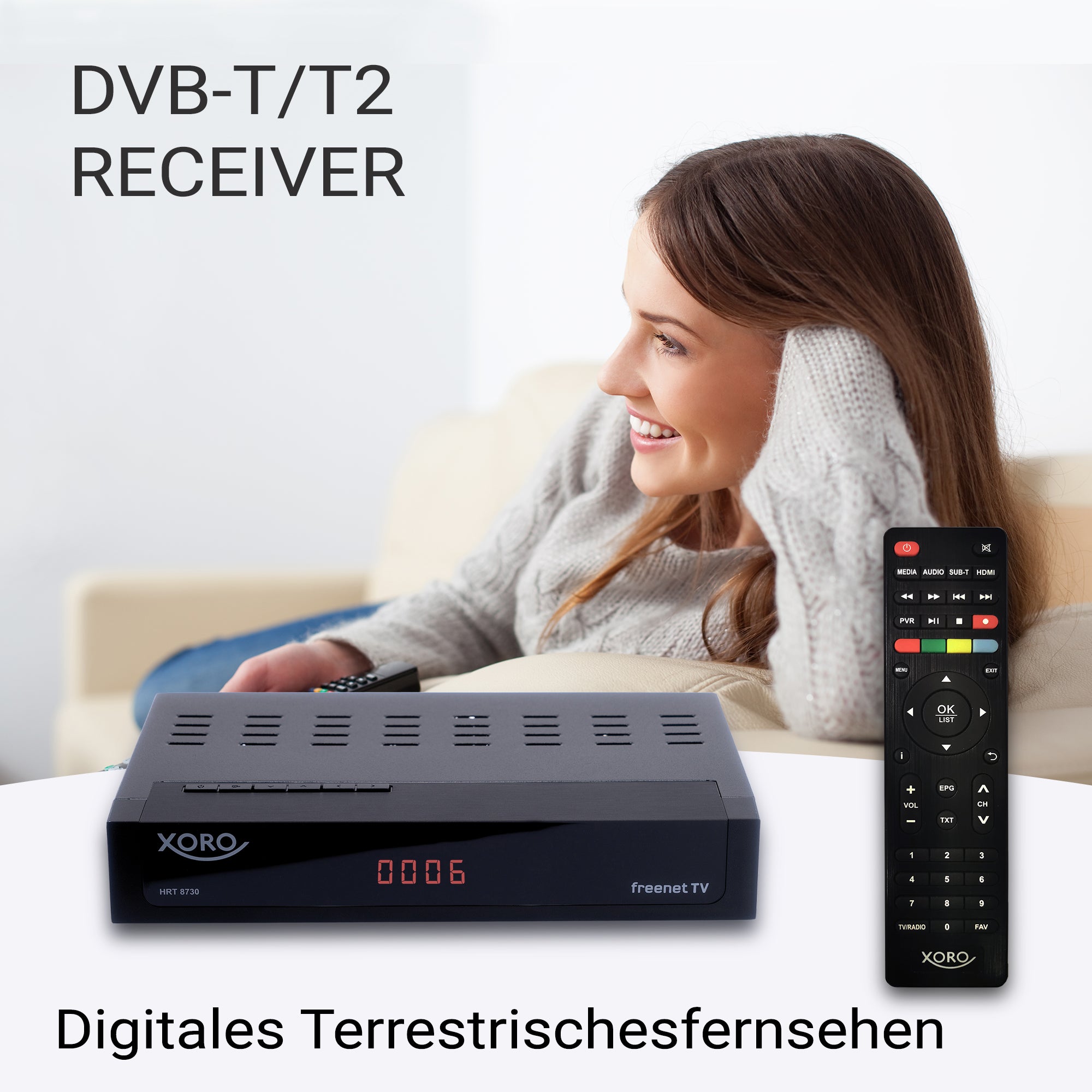 XORO HRT 8730 DVB-T2 HD Receiver mit Antenne HAN 100 und HDMI-Kabel - inklusive 6 Monate freenet TV