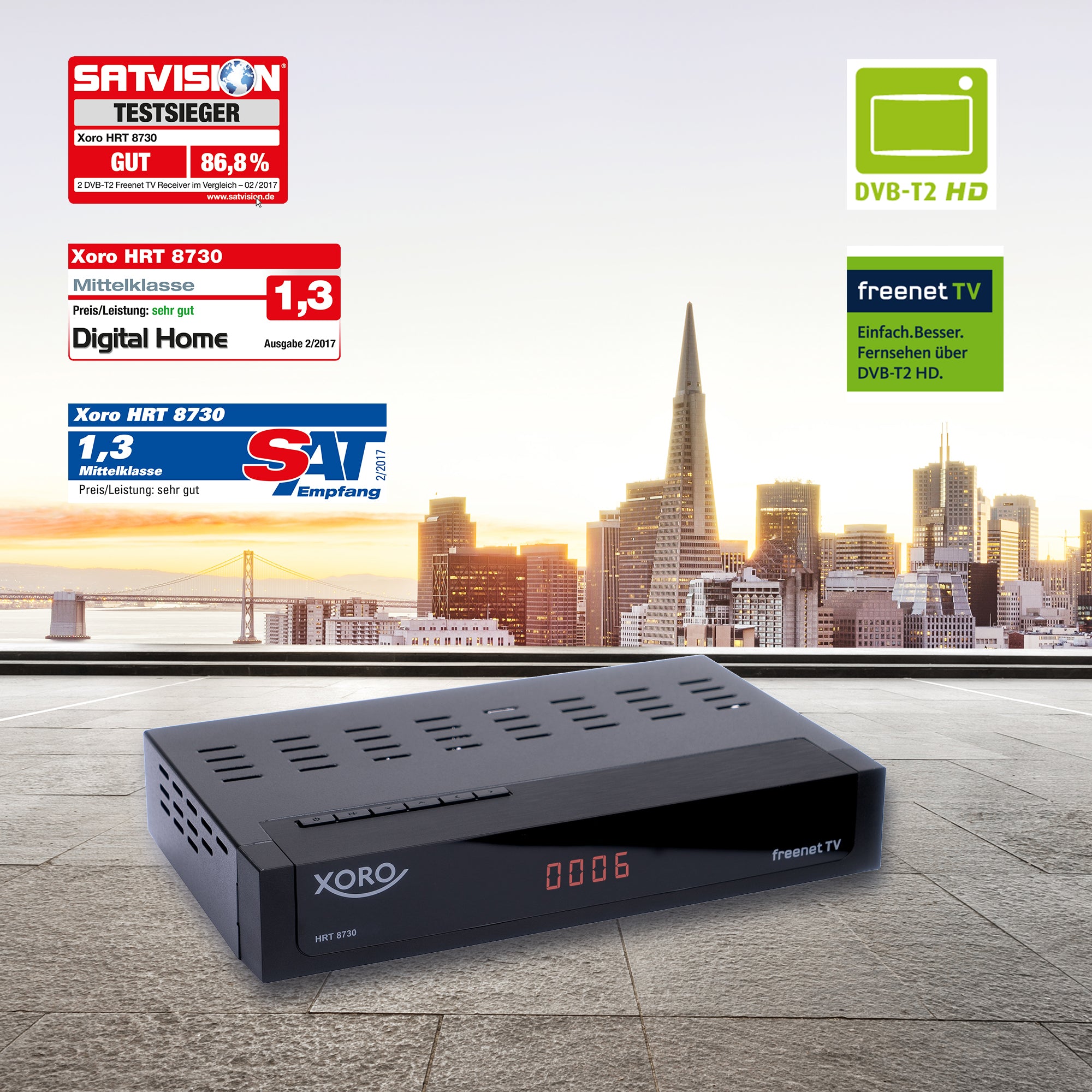 XORO HRT 8730 DVB-T2 HD Receiver mit Antenne HAN 100 und HDMI-Kabel - inklusive 6 Monate freenet TV